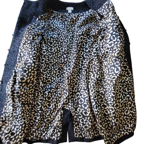 Chicos Black Tweed Open Front Jacket Tinsel Leopard Print Lining Size S 1 - Picture 7 of 16